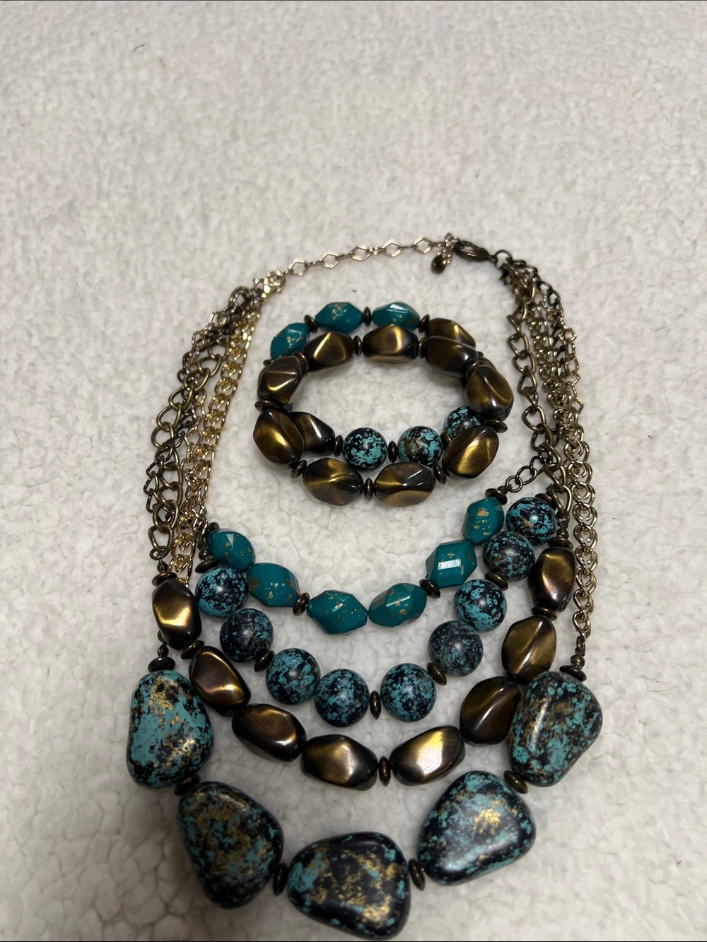 Premiere Design Turquoise and Bronze Beaded Statement Necklace & Bracelet Set
